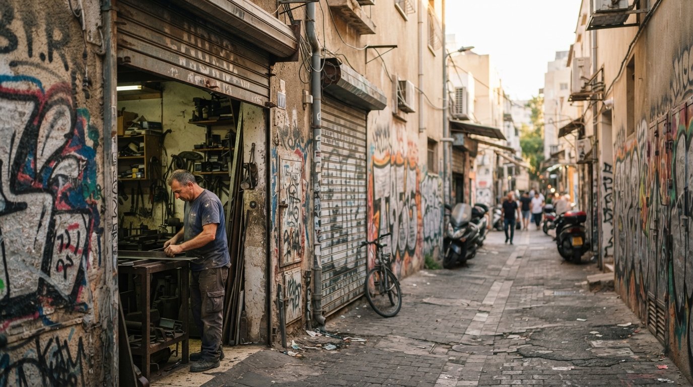 a Florentin alley near Abarbanel Street with layered graffiti, metal shutters, and a partly open workshop door in late-afternoon light