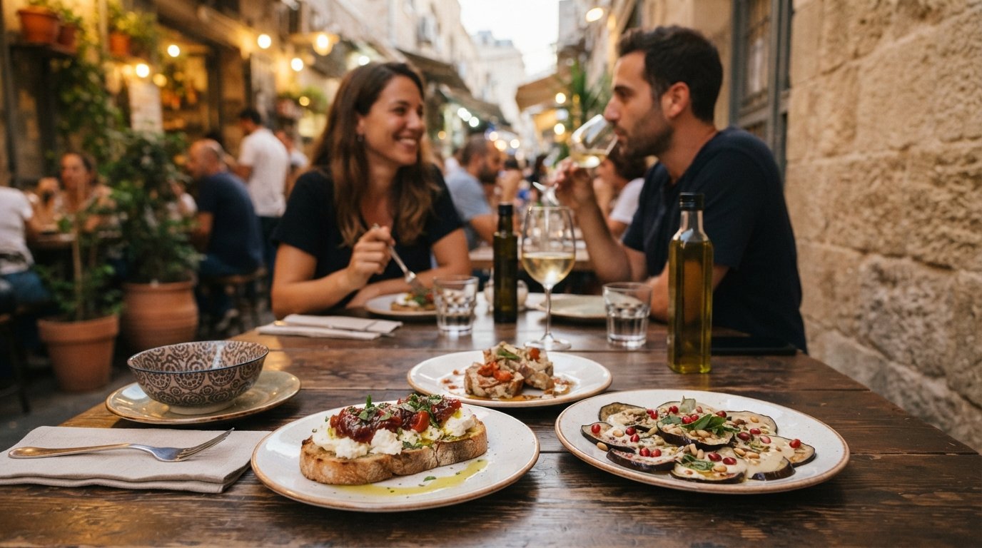 the plated tulum cheese and cherry-tomato-jam bruschetta and eggplant carpaccio at Ouzeria, shot close on a table in warm evening light