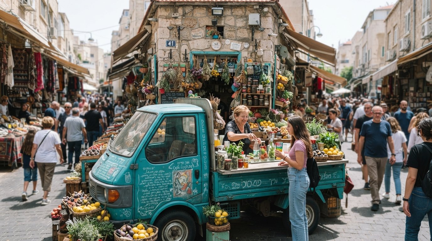 Cafe Levinsky 41 with its repurposed truck serving bespoke gazoz beside the market frontage on Levinsky Street in bright midday sun