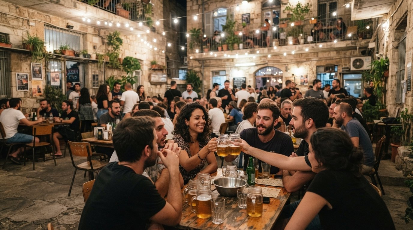 Teder.fm’s open-air courtyard in the Romano house, with jarred beer, string lights and people gathered around tables after dark