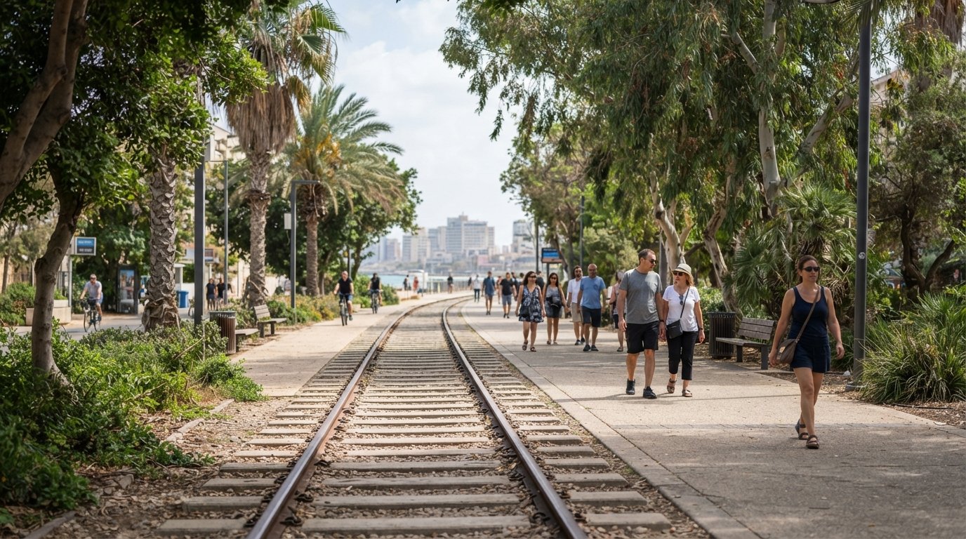 Park HaMesila’s shaded green promenade with the former railway line running through it, late-morning light and walkers heading toward Jaffa