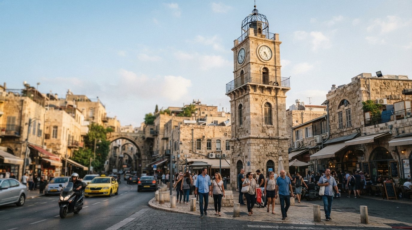 the Jaffa Clock Tower on Yefet Street at late afternoon, historic stone rising above traffic with the Old City lanes behind it