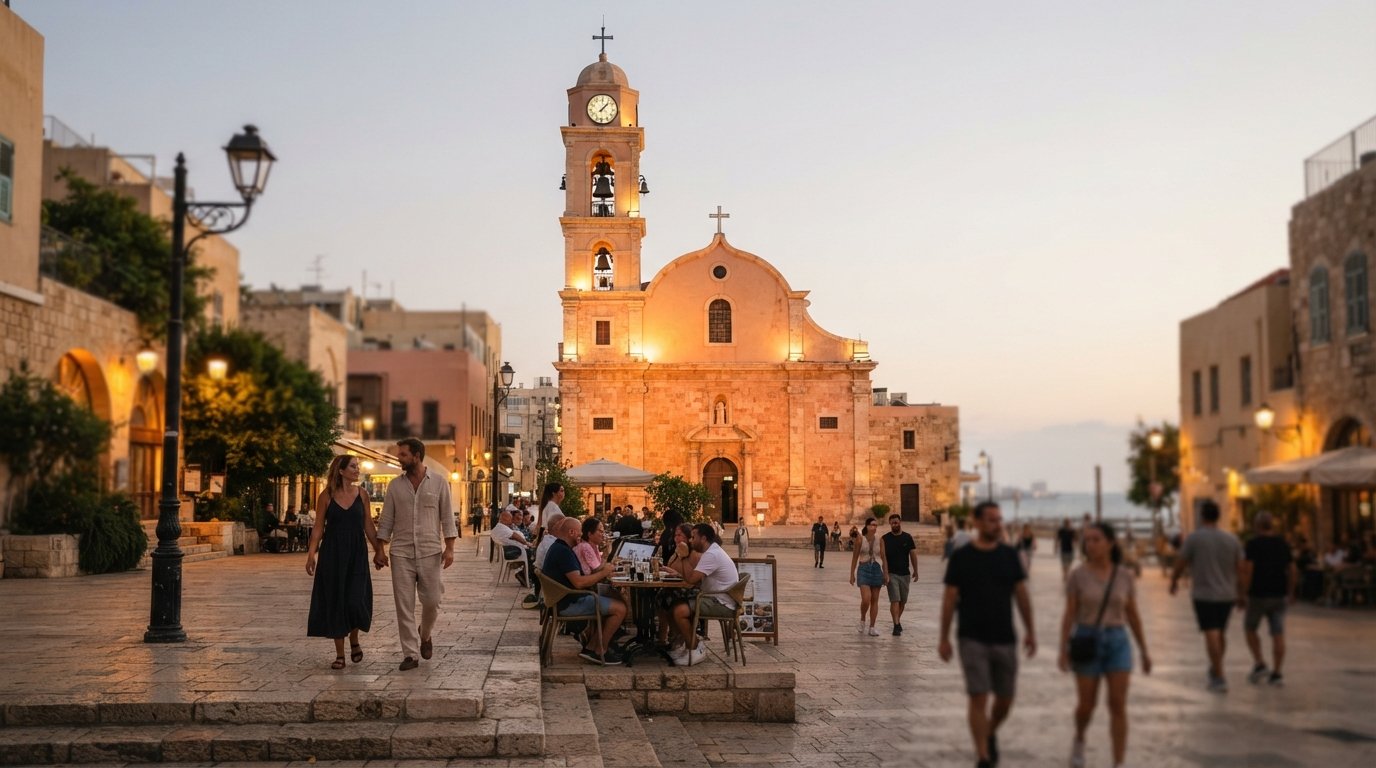 St. Peter’s Church on Kedumim Square in soft evening light, peach stone facade and a calm plaza below