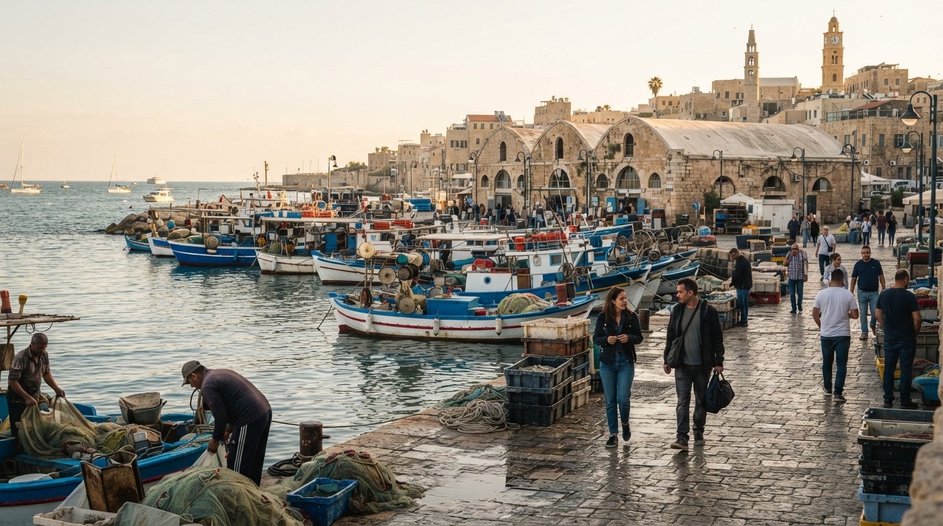 Jaffa Port with fishing boats and restored hangars beside the water, late-day sun on the harbour edge