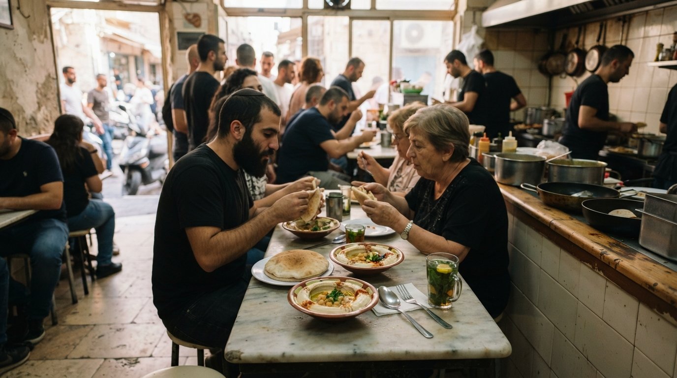 a crowded breakfast counter at Abu Hassan on HaDolphin Street, bowls of hummus and masabacha on a small table in the morning light