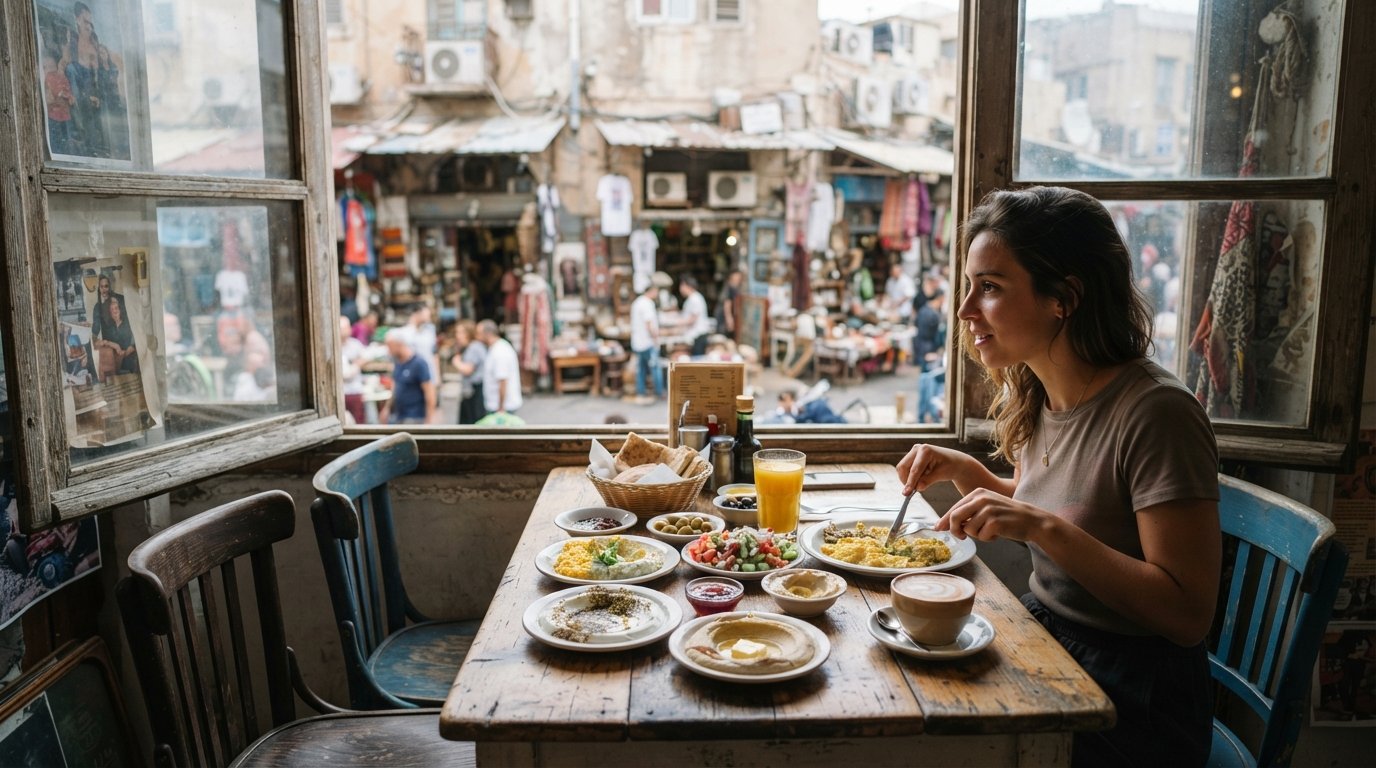 a table at Puaa with mismatched vintage chairs, Israeli breakfast plates and flea-market clutter visible through the window