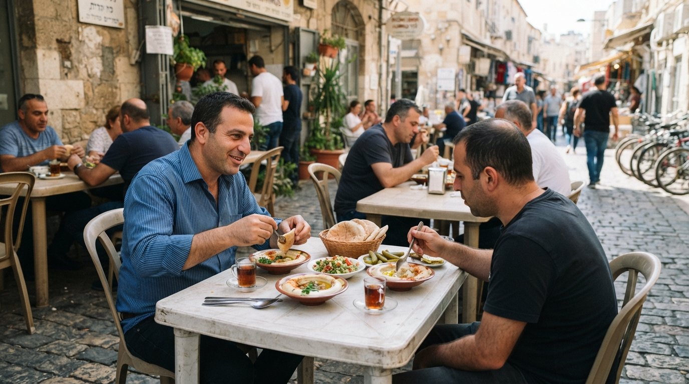 mesas de plástico fuera de Shlomo & Doron Hummus en la calle Yishkon 29, cuencos de hummus cremoso y ful en un callejón adoquinado iluminado por el sol a la hora del almuerzo
