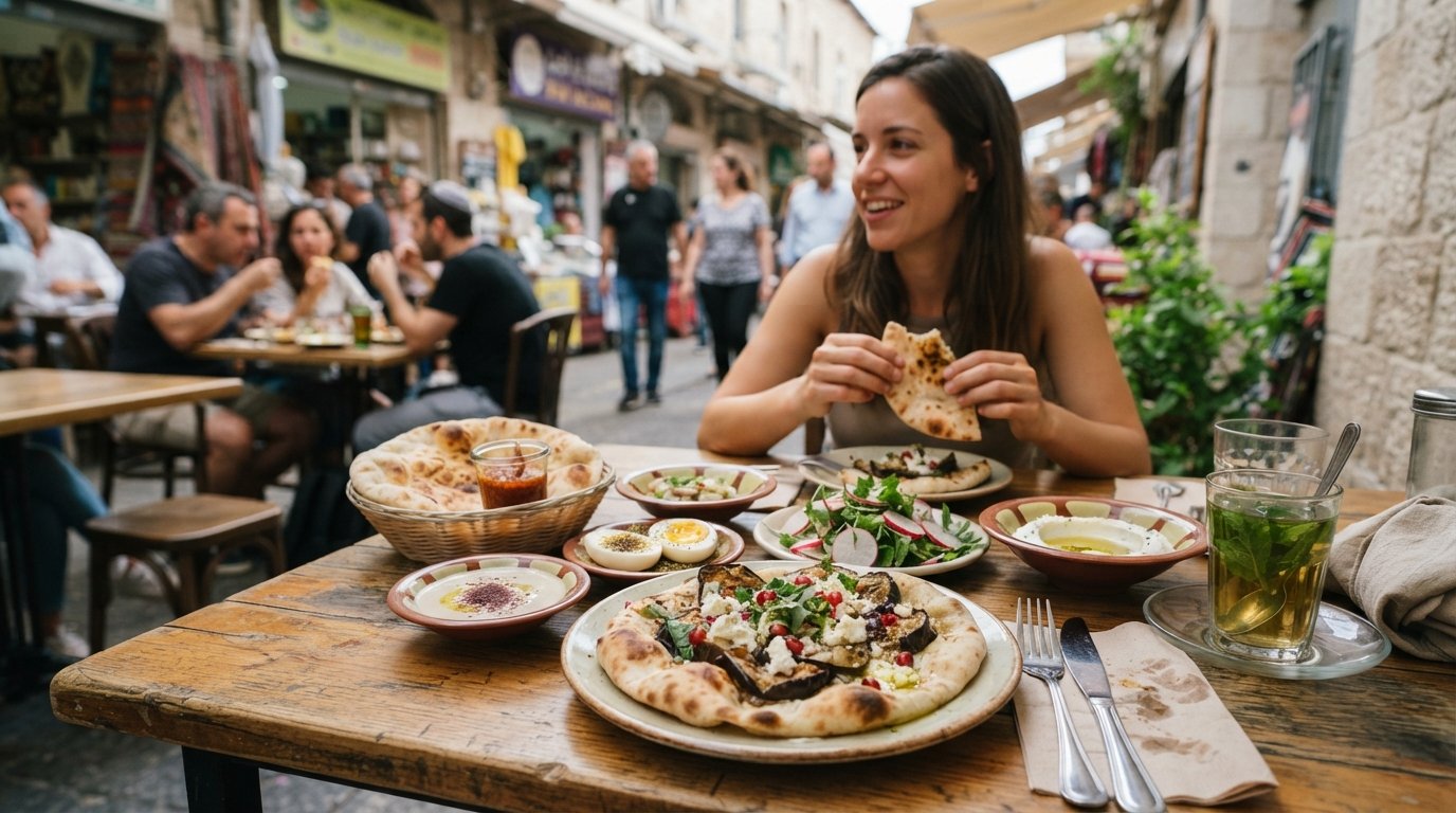 el saluf de berenjena en Café Yom Tov en la calle Yom Tov, tahini, huevo, ensalada de rábano y pan yemení caliente dispuestos en una mesa de brunch informal