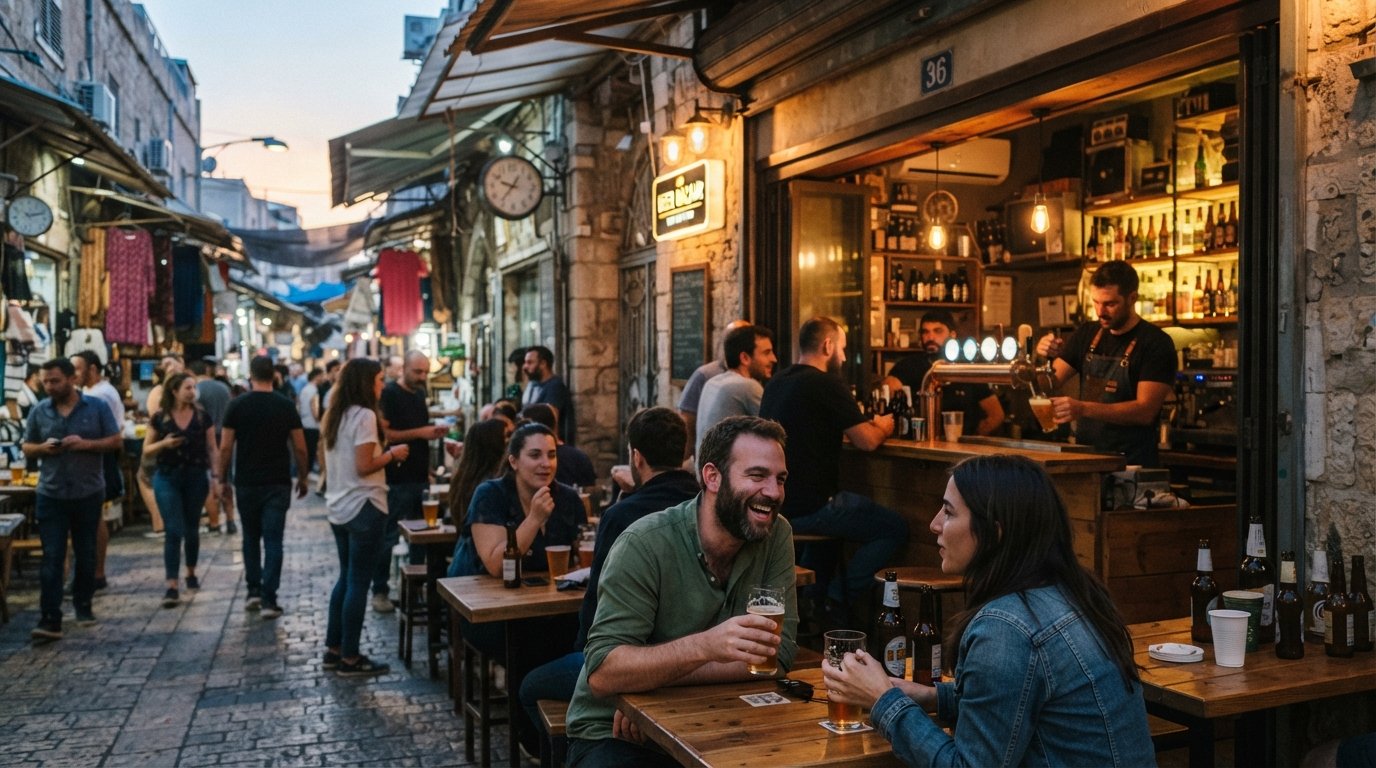 Beer Bazaar en la calle Yishkon 36 al atardecer, grifos de cerveza artesanal brillando dentro y ruido del mercado aún visible fuera