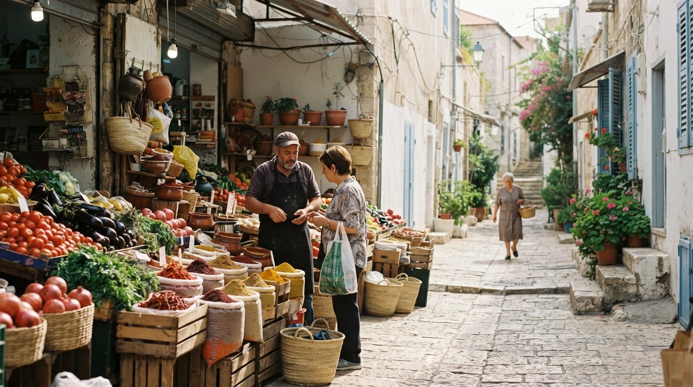 el borde del mercado Carmel derramándose en Kerem HaTeimanim, sacos de especias y puestos de productos dando paso a callejones tranquilos y encalados