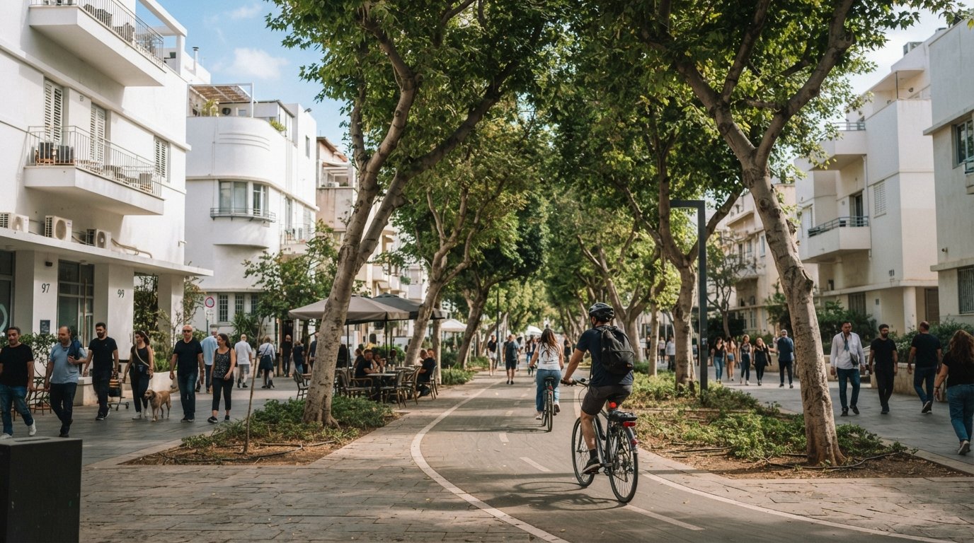Rothschild Boulevard in Tel Aviv at late morning, the shaded median lined with restored Bauhaus facades, cyclists passing under plane trees