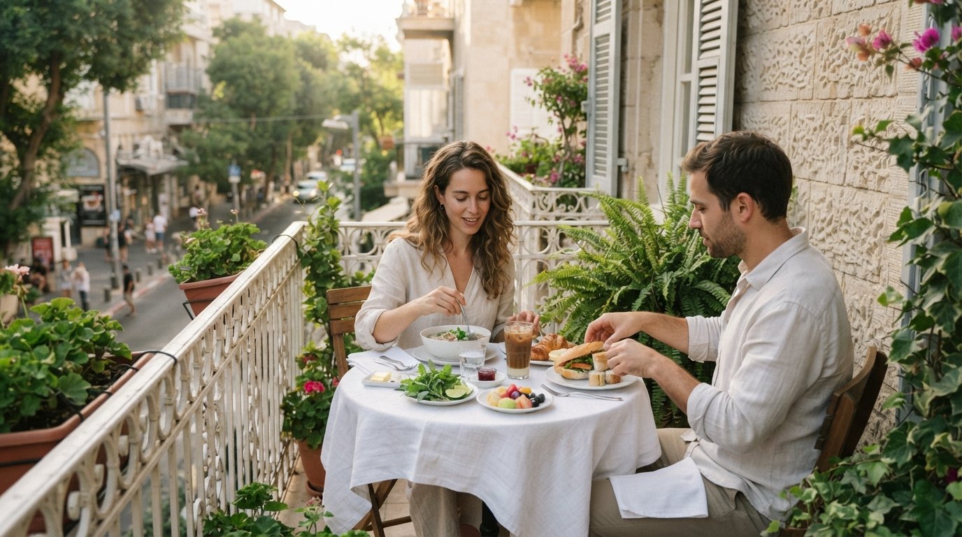 a balcony breakfast at Hotel Montefiore on Montefiore Street, white tableware and greenery framing a French-Vietnamese brunch in soft morning light
