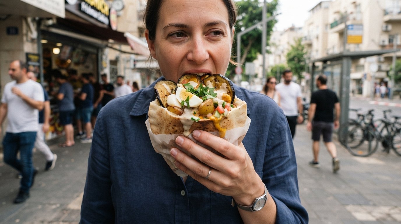 a sabich pita from Frishman Sabich at Frishman and Dizengoff, stuffed with eggplant, egg, potato and tahini, photographed close-up on the street