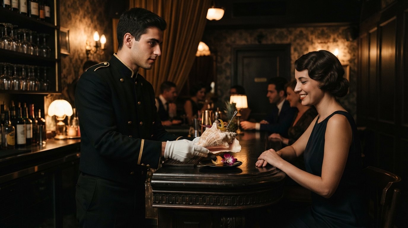 Bellboy inside Hotel B Berdichevsky, a theatrical cocktail served in a conch shell under moody 1920s-style lighting