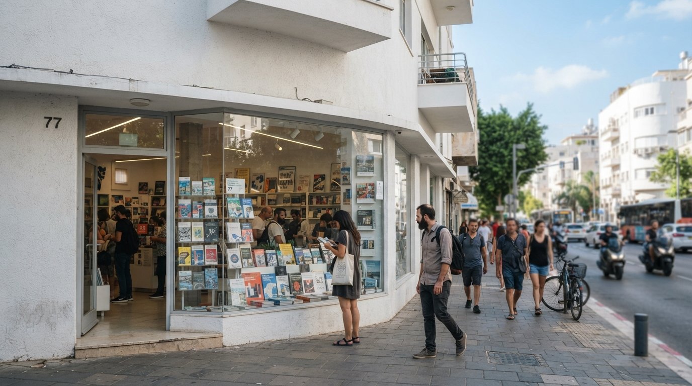 the Bauhaus Center at Dizengoff 77, with White City tour maps and design books displayed in the shop window on a bright Tel Aviv morning