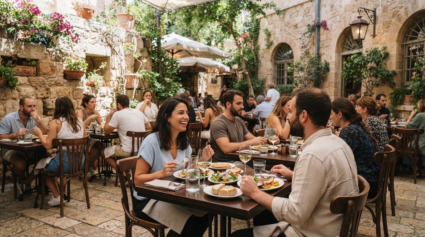 the terrace at Dallal by the Suzanne Dellal Centre, with patio tables, restored stone walls and a polished French-Mediterranean lunch setting