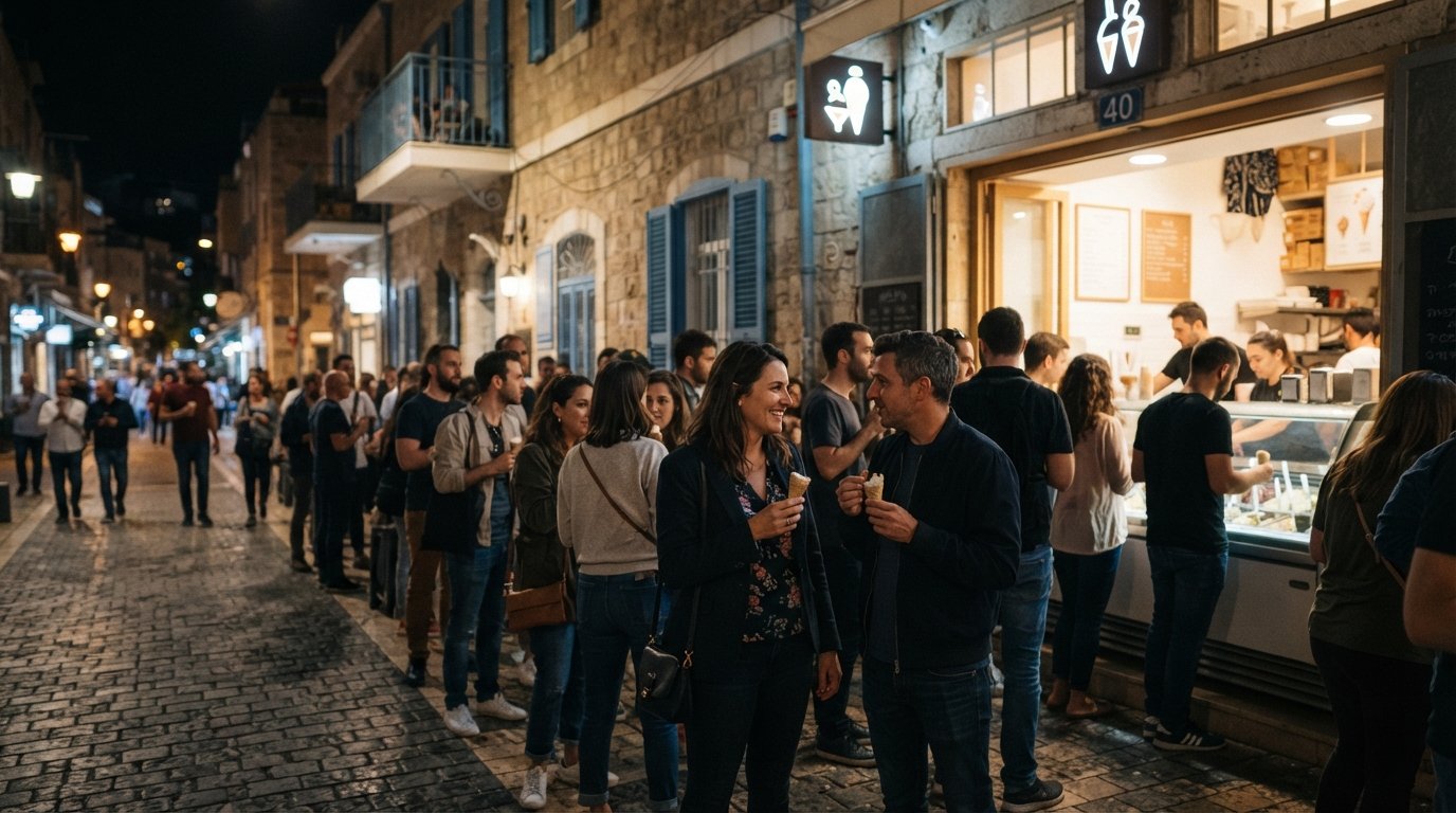 Anita — La Mamma del Gelato at 40 Shabazi, a late-evening pavement crowd queued for handmade gelato under the streetlights