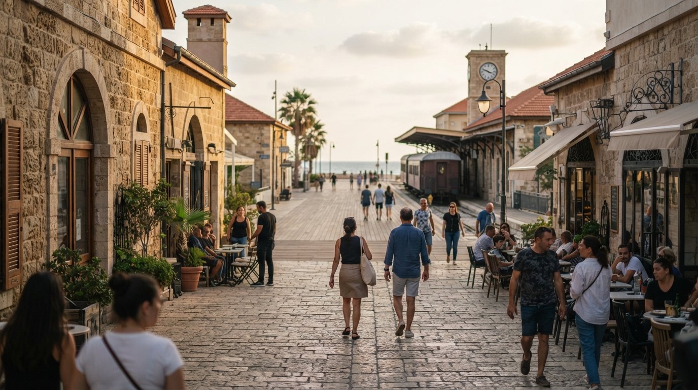 HaTachana’s restored stone buildings and platforms in late afternoon, with boutique fronts and the boardwalk light beyond