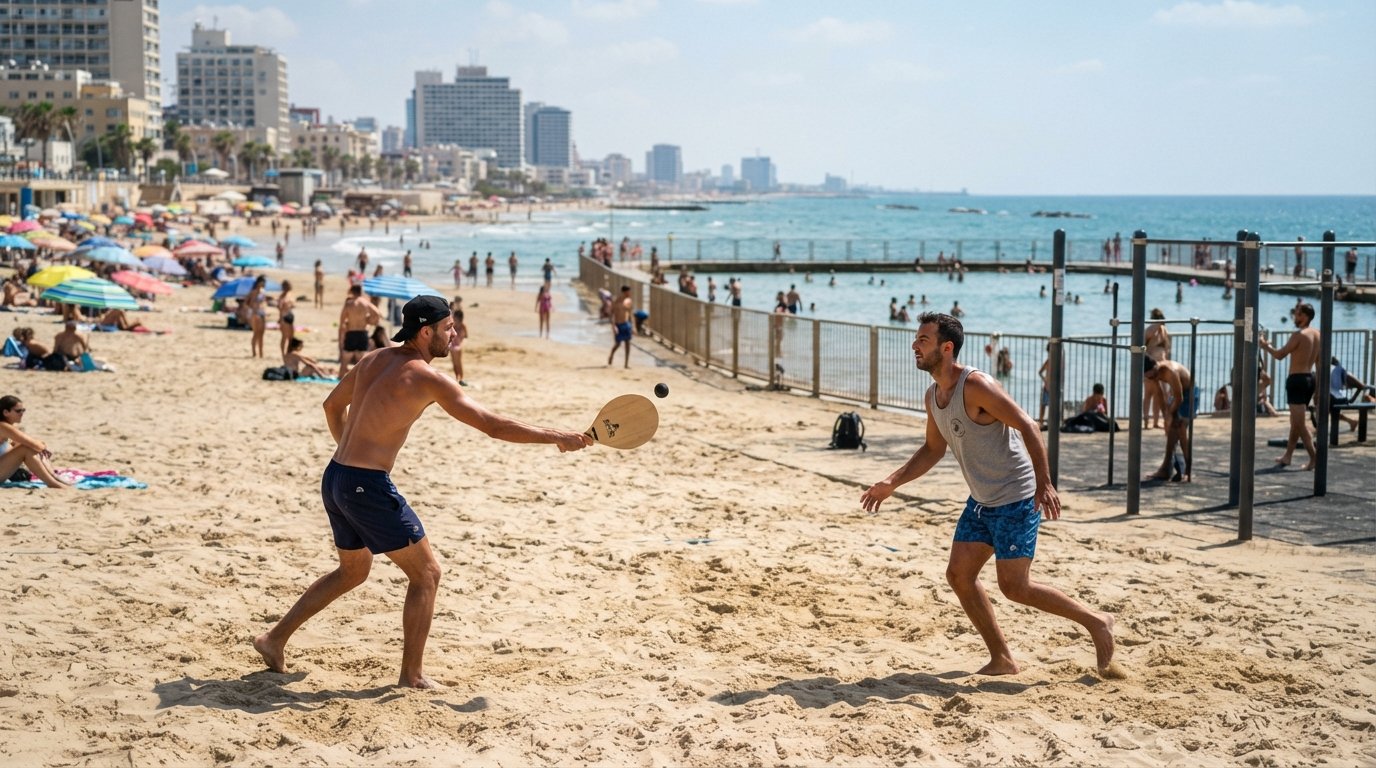 Gordon Beach in late-morning light, matkot players on the sand near the outdoor gym and the saltwater lido beside the water