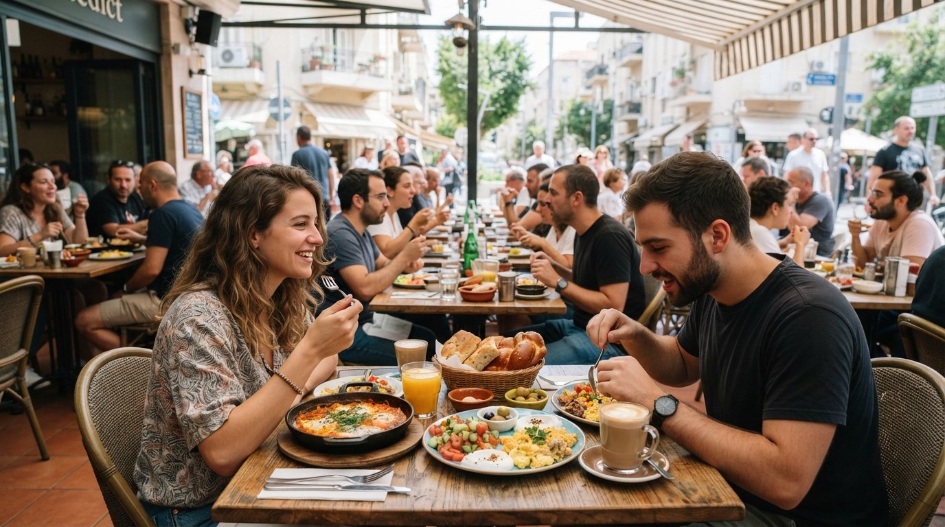Benedict on Ben Yehuda at weekend breakfast rush, tables set with shakshuka, eggs and Israeli breakfast plates under bright daylight