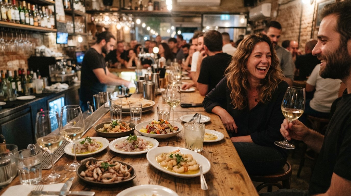the bar at Shila on Ben Yehuda, seafood plates and glasses lined up in warm restaurant light with diners seated close together