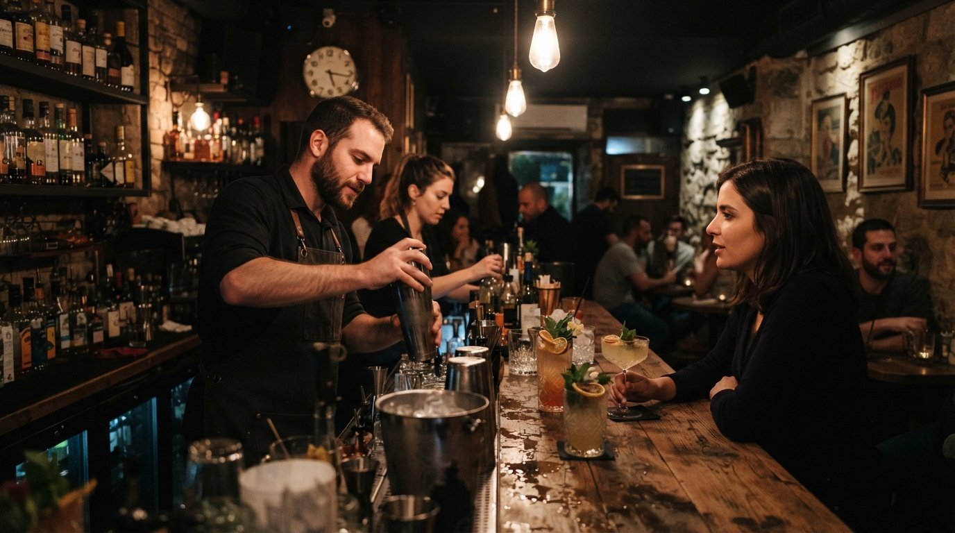 the dimly lit interior of 223 on Dizengoff 223, cocktails on the bar and a speakeasy atmosphere after dark