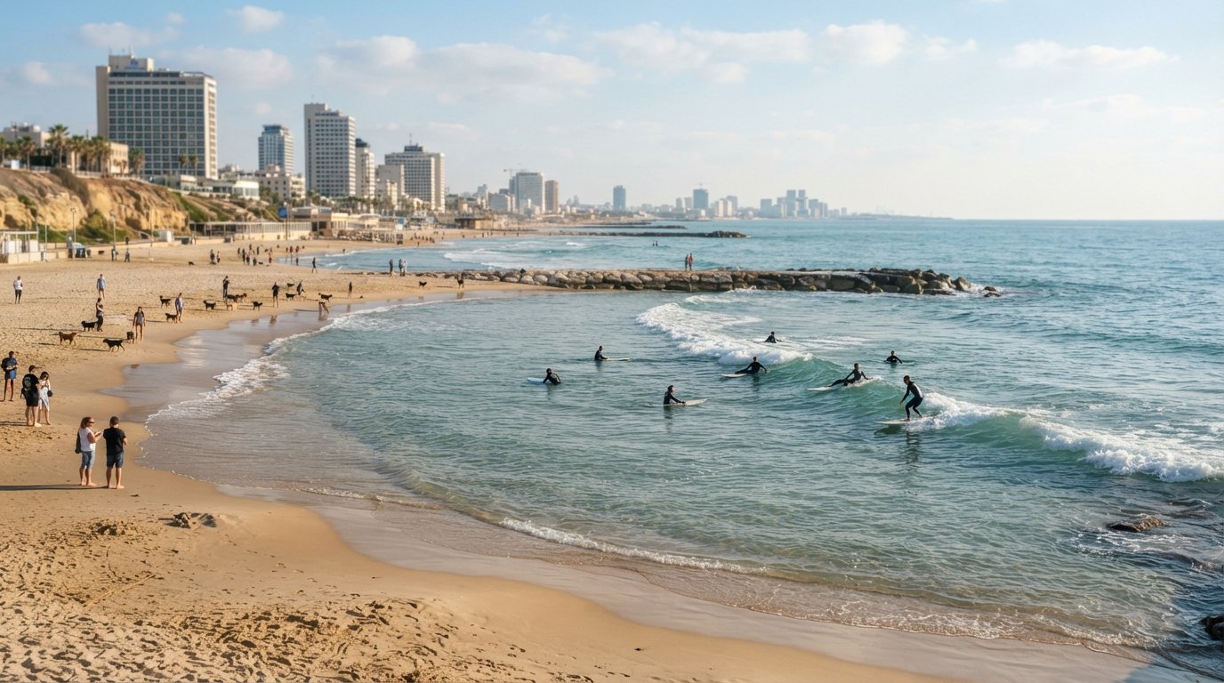 Hilton Beach in the calm morning hours, surfers and SUP boards near the break with the dog beach at the northern end